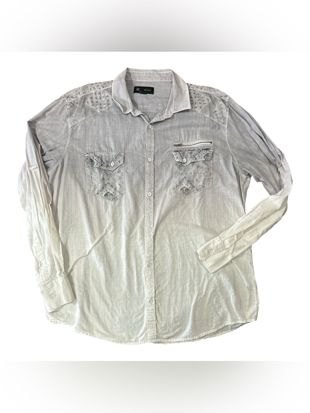 INC Women’s Light Gray Ombré Button-Down Shirt with Patterned Pockets Sz XXL